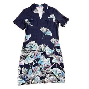 Lilly Pulitzer Shift Dress Sz 6 S Navy Collared Pocket Dress Gingko Leaf Print